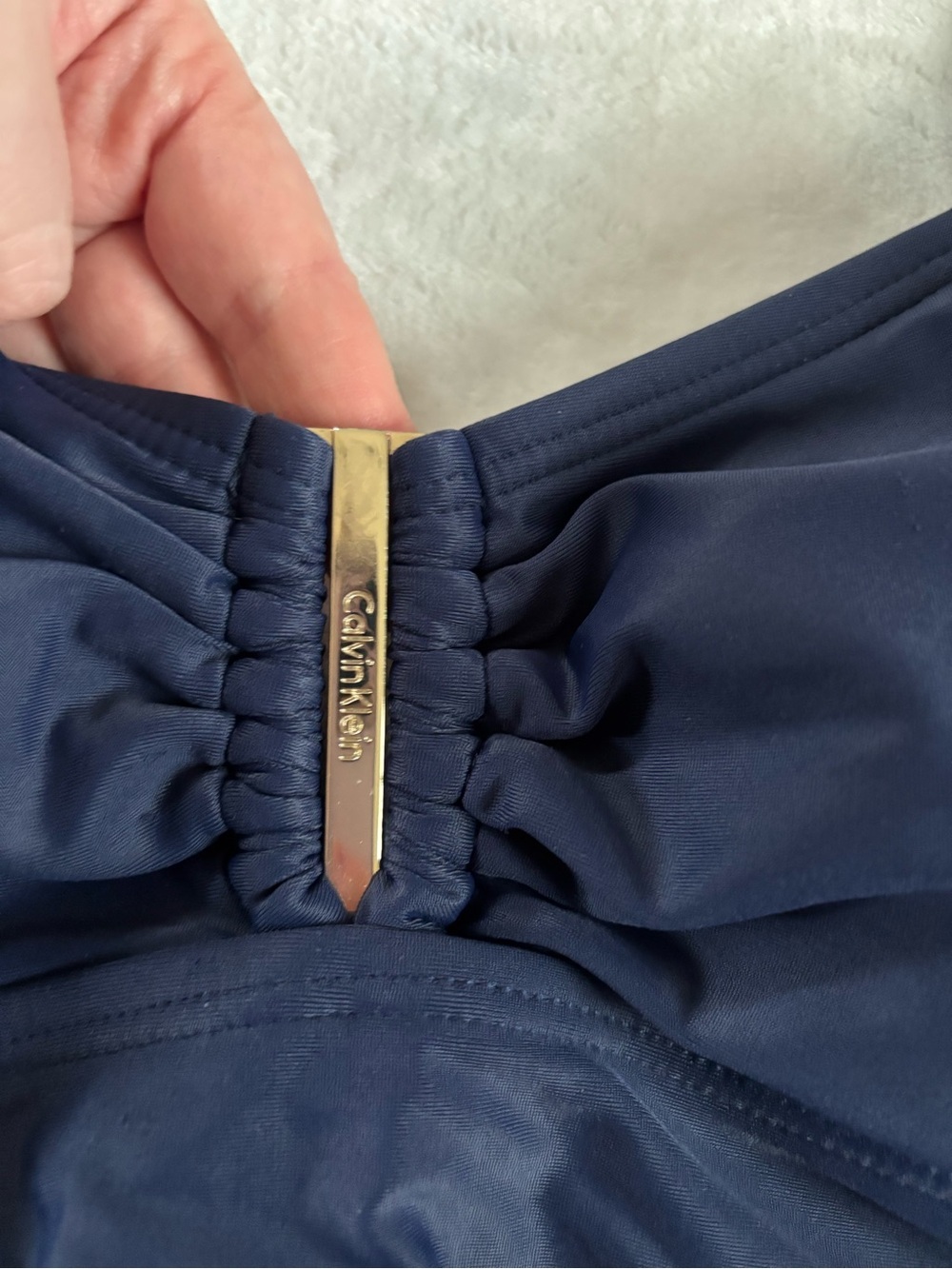 Calvin Klein Ruched One Piece Swimsuit Navy Blue Gold Bar Tummy Control Sz 6 - Picture 2 of 9